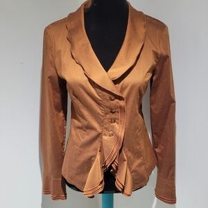 Vivian Shyu Women's Vintage-Inspired Ruffled Asymmetrical Blazer Small Brown